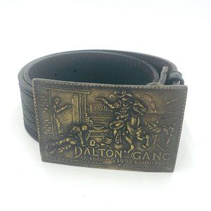 Dalton Gang Brass Belt buckle Black Leather Belt Marked Harness House, Size 28